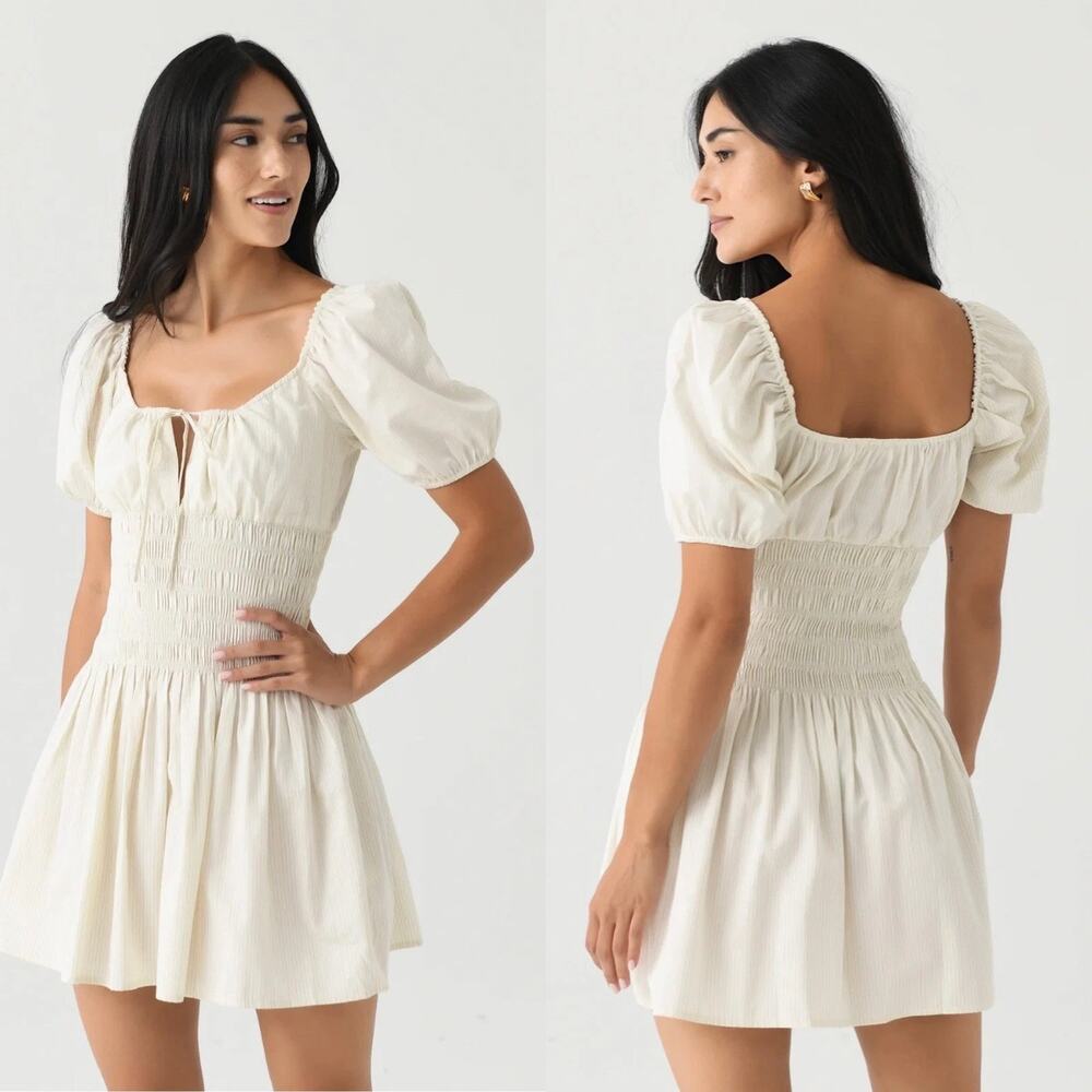 NWT Faithfull the Brand Aya Smocked Waist Milkmaid Dress Cream Pinstriped 6 / M